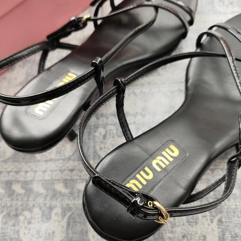 Miu Miu Black Leather Strappy Heeled Sandals with Gold Accents - Picture 3 of 5